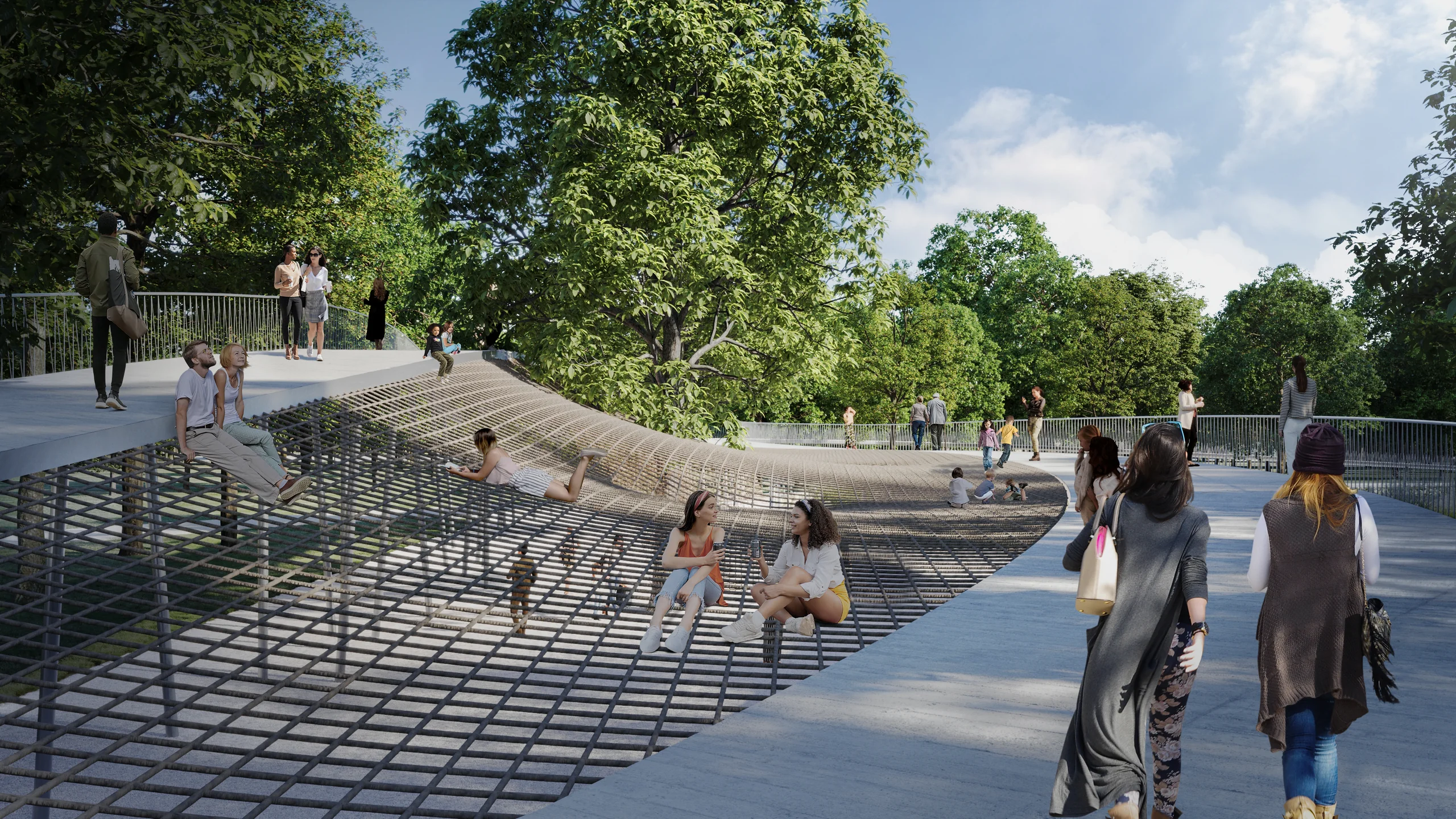 Teraszos, lépcsős pihenőtér látványterve látogatókkal a Népliget koncepciótervében