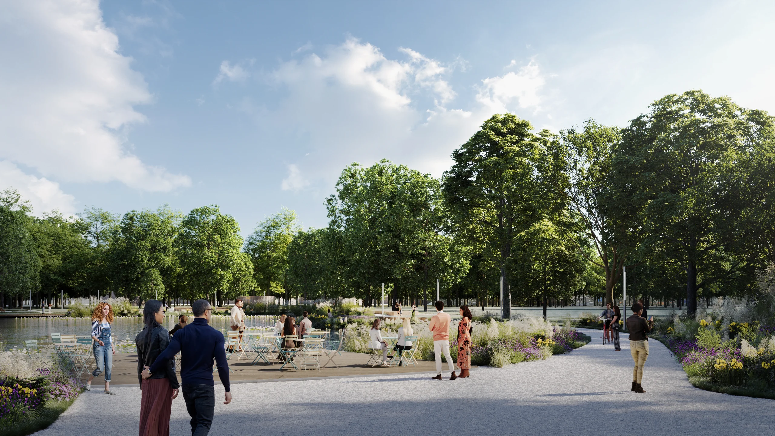 Látványterv a Népliget új parkrészletéről íves pavilonnal és sétáló látogatókkal napsütésben