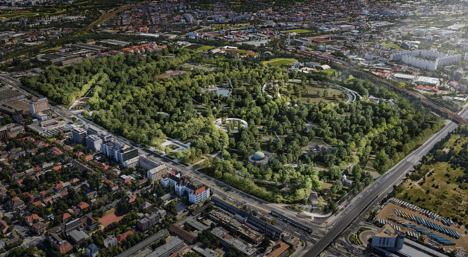 Madártávlati látványterv a Népliget tájépítészeti koncepciójáról a körülvevő budapesti városszövettel