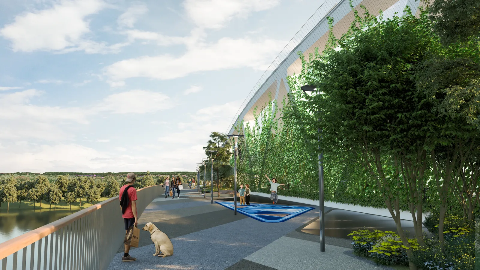 Visualisation: the bridge promenade with a rubber-surfaced play and sports area, green façade and street trees above the Tisza