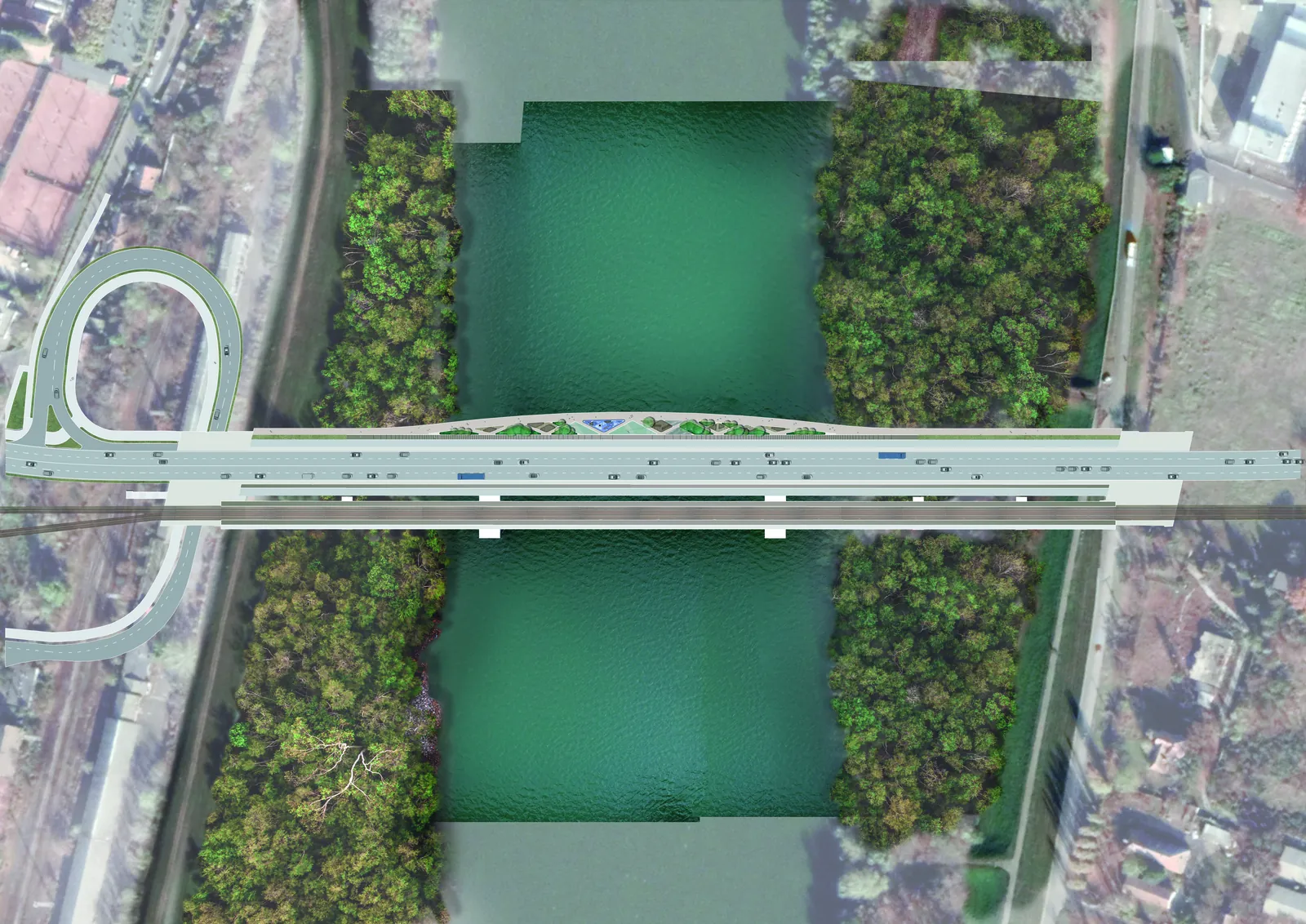 Site plan: the Southern Tisza Bridge over the river, with the tree-lined promenade and green strip along its centre and floodplain forest on both banks