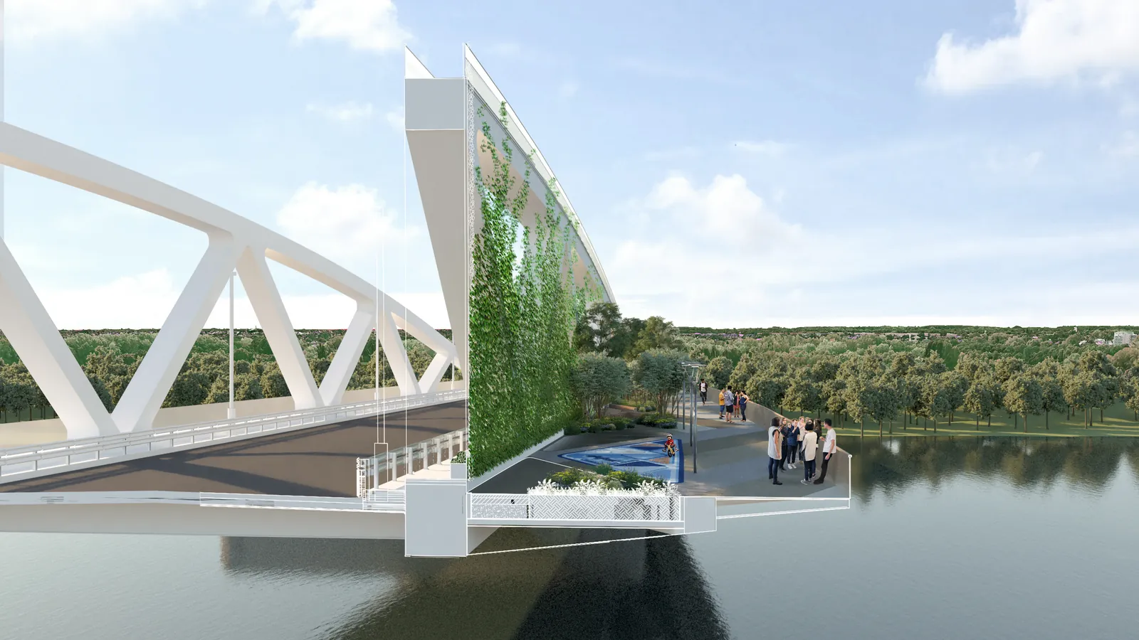 Visualisation from the end of the Southern Tisza Bridge: the steel truss bridge, the continuous ivy-and-wild-vine green façade and the panoramic viewing deck cantilevered over the Tisza