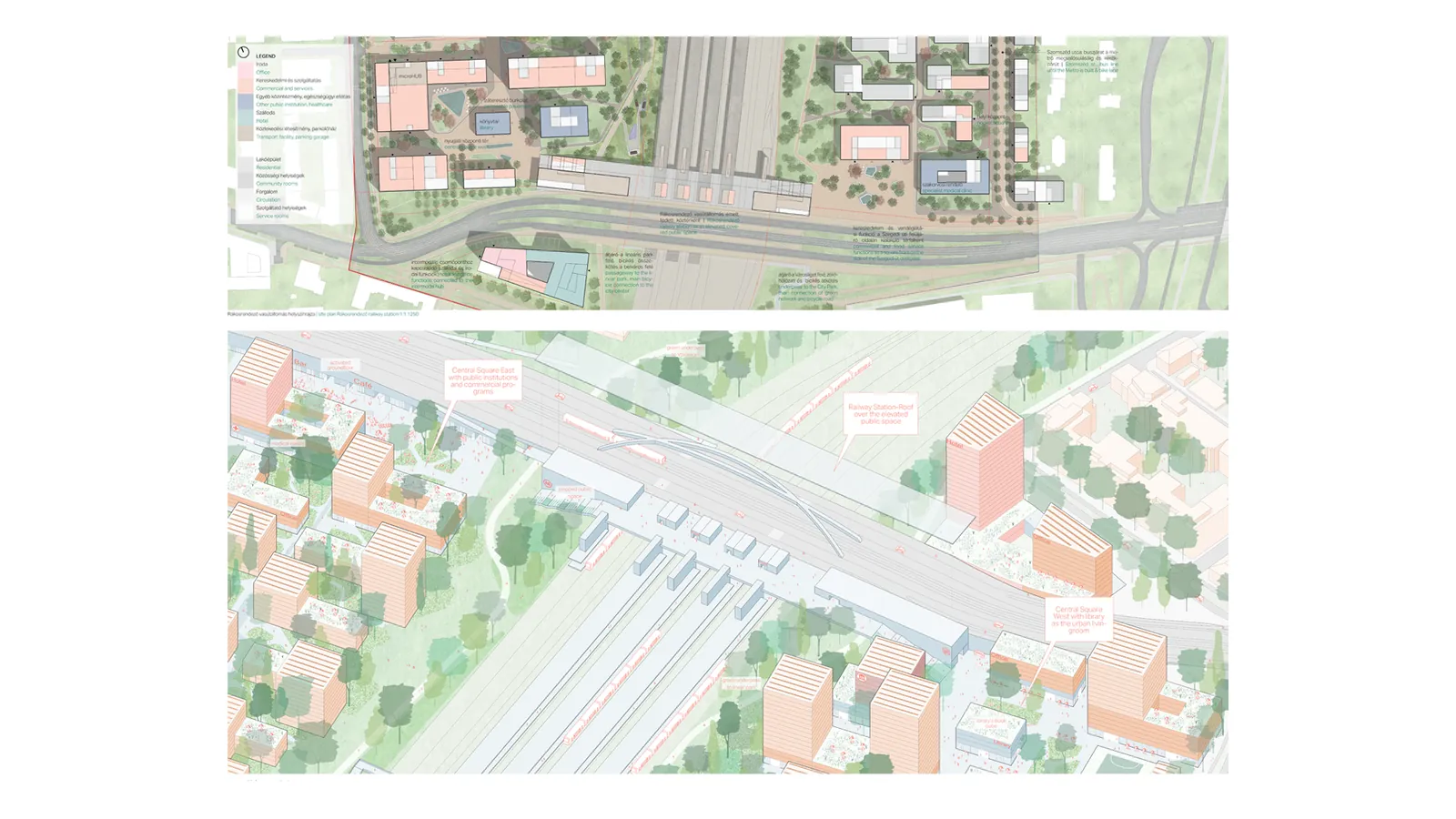 Városfejlesztési terv két látványterve egy vasútvonal és közúti csomópont környezetéről, új épületekkel és zöldterületekkel
