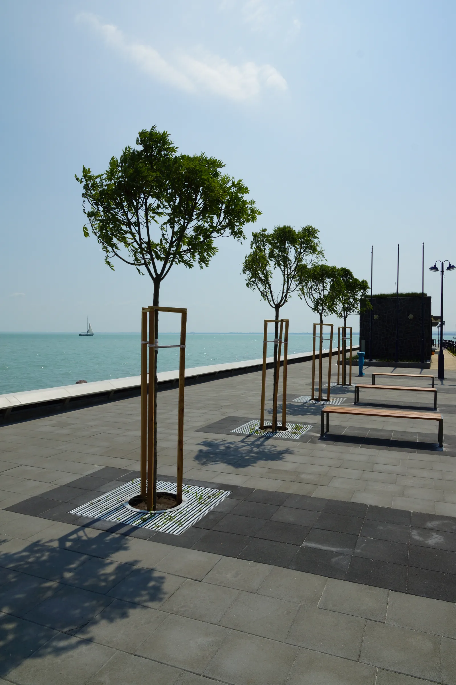 The pier-head plaza with pre-grown native street trees, tree grilles and public benches, Lake Balaton in the background