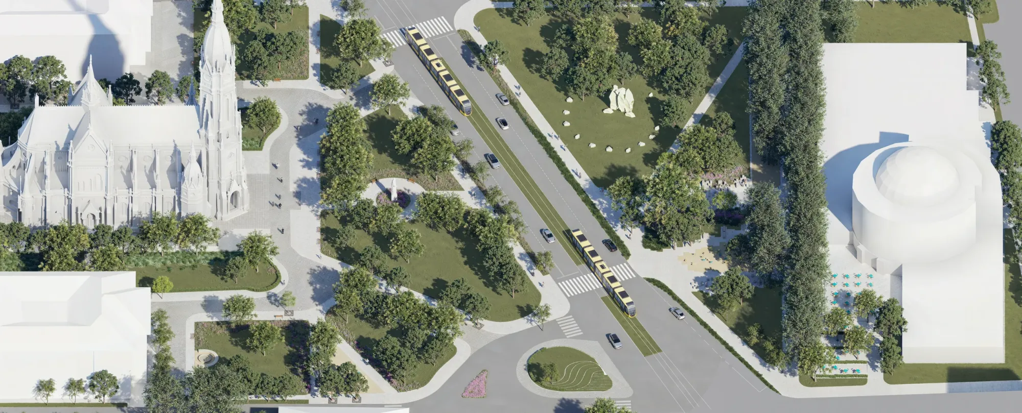 Luftbild-Visualisierung des Szent László tér: die Kirche, die Kőrösi Csoma Sándor út mit Straßenbahn und der Park vor dem Kulturzentrum