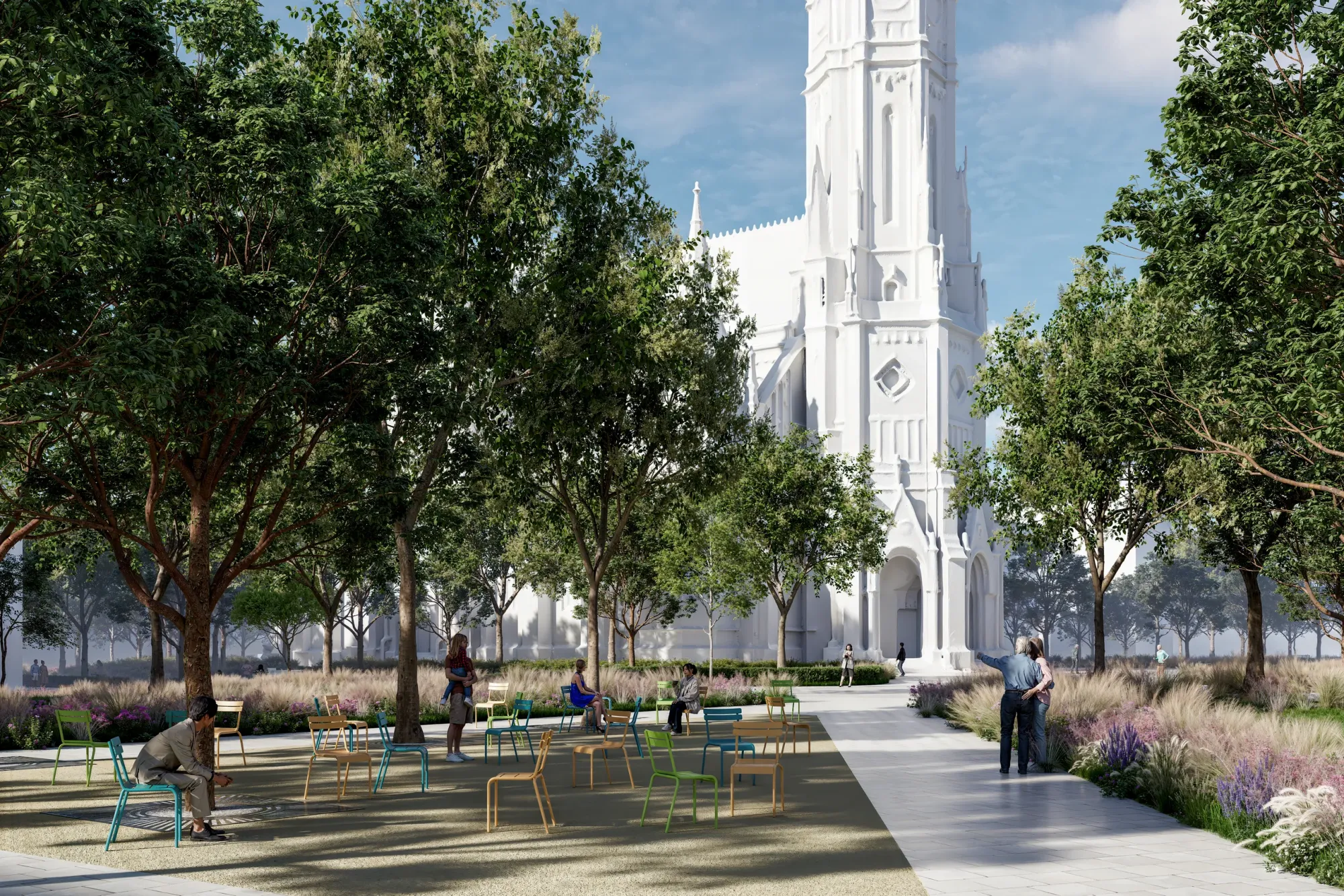 Visualisierung des Hains neben der Kirche: bewegliche farbige Stühle unter Bäumen, Beete mit Gräsern und Stauden