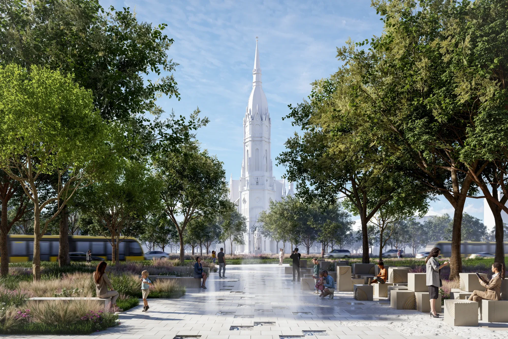 Visualisierung der gepflasterten Achse zum Kirchturm mit an Nummuliten erinnernden Sitzsteinen, gesäumt von Bäumen